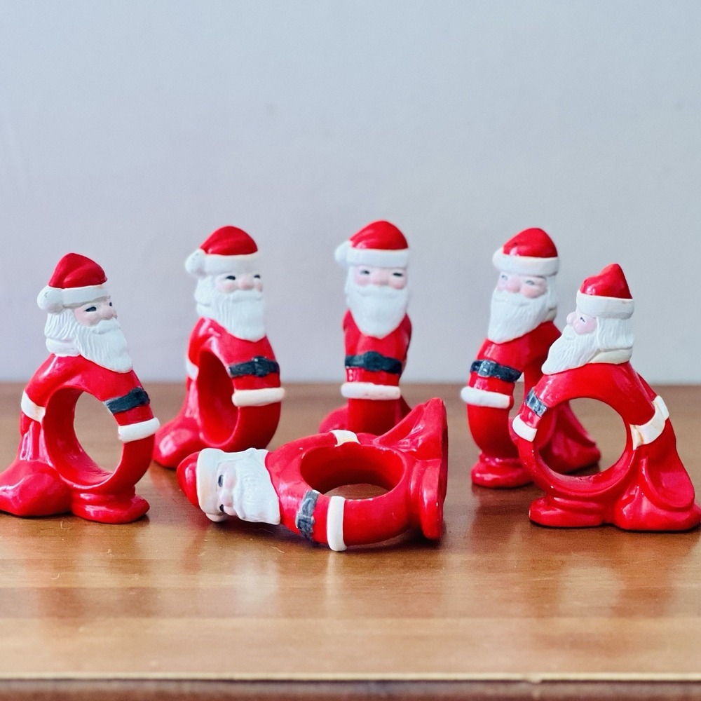 Vintage Santa Napkin Rings Christmas Retro Kitschy  Ceramic Saint‎ Nicholas EUC